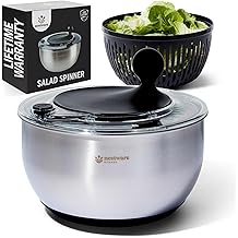 Stainless Steel Salad Spinner, Lettuce, Vegetable &amp; Fruit Dryer, 5L Capacity, Non-Slip Base (304 Stainless Steel - Black)