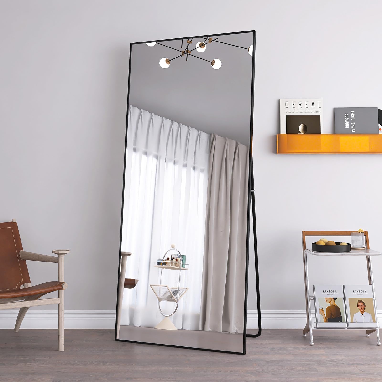 Espejo de Piso rectangular 180 x 80 cm, espejo con base de aleación de aluminio espejo de longitud completa, gran espejo de pared para dormitorio y vestidor (negro, 180 x)