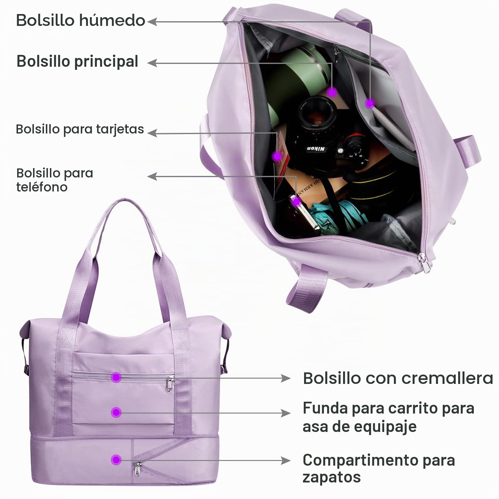 Bolsa de Viaje, CS COSDDI Plegable Bolsas Gimnasio de Viaje, Impermeable Bolsa de Viaje Mujer Fin de Semana, Grande Bolsa de Lona con Bolsillo húmedo y para el Hombro