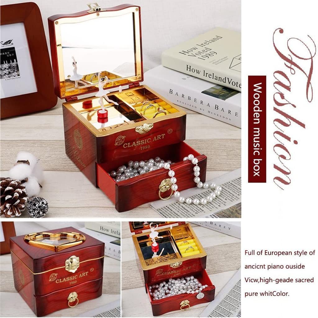 Carillon Scatola Musicale Spin Music Box Ballerina Jewelry Box Mirror Play Compact Storage Box Scatola Musicale Regalo di Compleanno for la Ragazza Carillon Regalo di(Burgundy)