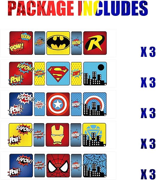 amazon com phoenix party 15 superhero water bottle labels stickers bottle label birthday decorations party supplies 5 patterns toys games