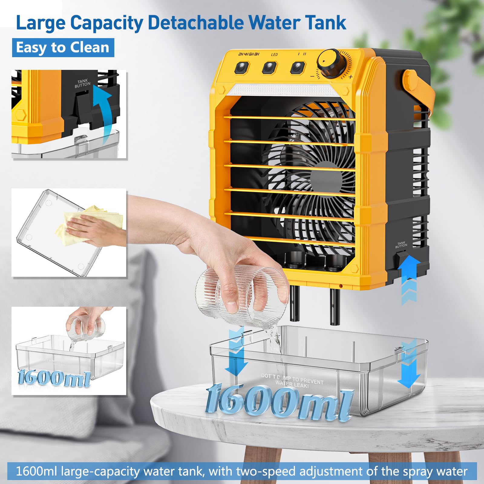 Ventilatore nebulizzatore portatile compatibile per batteria Dewalt da 20 V (senza batteria) o alimentato tramite USB, ventola di raffreddamento per camera da letto con 7 luci, timer 8H, serbatoio
