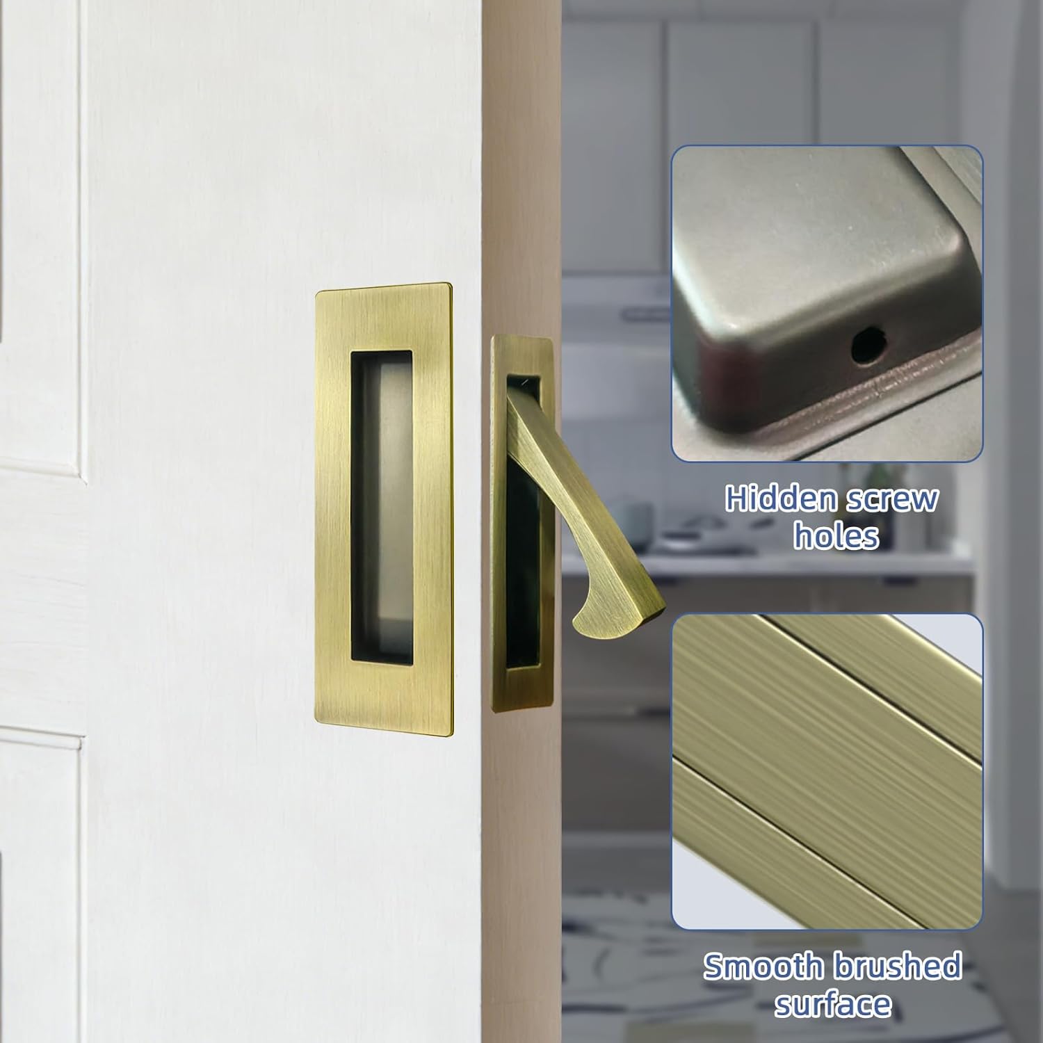 Pocket Door Hardware and Edge Pull,Stainless Steel Pocket Door Handles Latch,Recessed Finger Flush Pulls,for Closet,Sliding,Barn Door (Antique Brass, 4.72Inch)