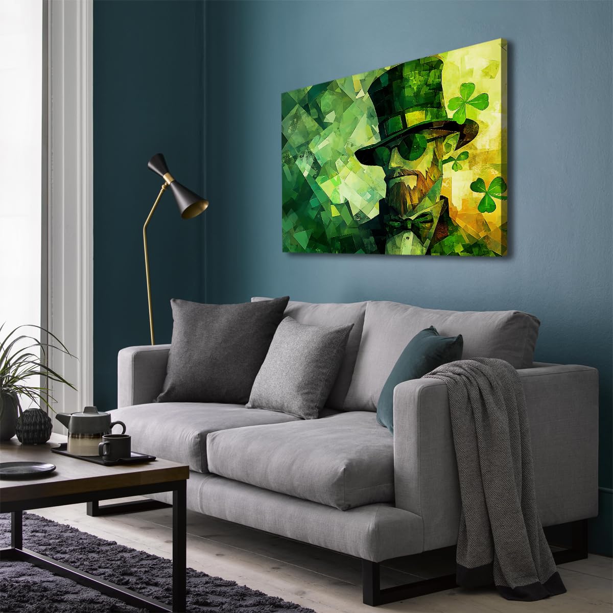 TOANGWALL St. Patrick's Day obraz na płótnie geometryczny człowiek zielony cylinder okulary przeciwsłoneczne abstrakcyjny styl mozaika liście malarstwo ścienne wydruki do dekoracji biura 85 x 100 cm