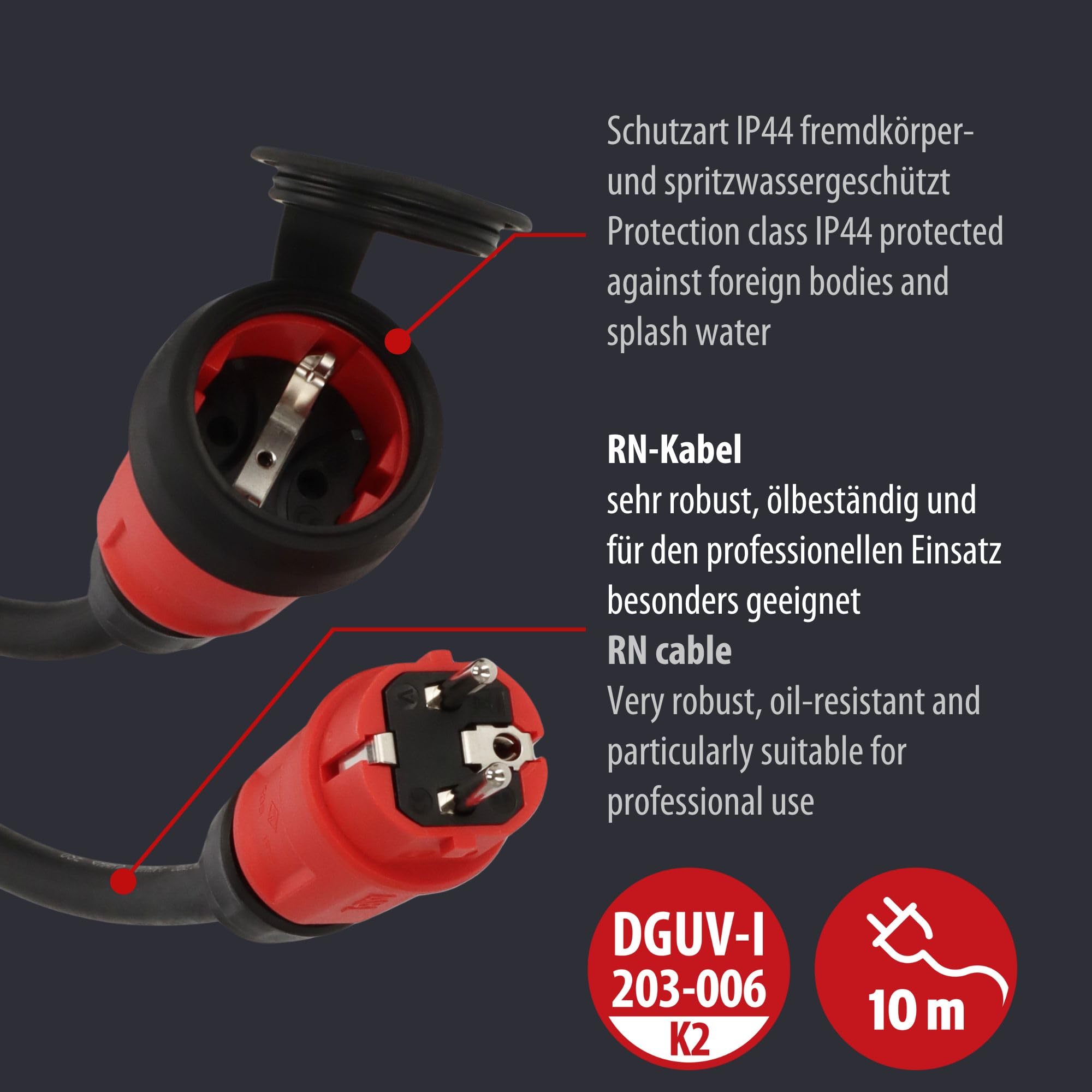Brennenstuhl Professional przedłużacz VN 1100 (10 m kabel H07RN-F 3G1,5 w kolorze czarnym, zastosowanie na placu budowy i na stałe zastosowanie na zewnątrz IP44, Made in Germany)