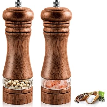 Salt and Pepper Mill Set of 2 Wooden Pepper and Salt Mill Elegant with Adjustable Ceramic Grinder Manual Spice Mill with Acrylic Window Small 16.5 cm Salt and Pepper Shakers for Pepper Chilli