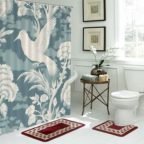 Miniatura 78 de Cortinas de ducha de baño con ganchos, 72 x 92 pulgadas, cortina de ducha de tela impermeable con diseño de flores y pájaros, cortina de ducha