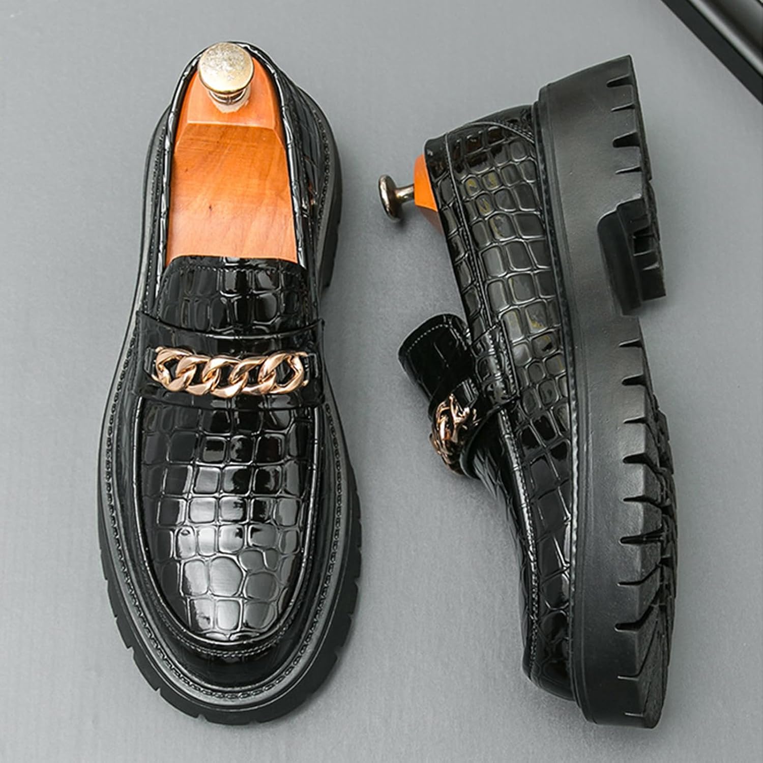 Mens Printed Leather Chain Platform Lug Sole Loafers Vintage Metal Round Toe Thick Sole Non Slip Formal Penny Shoes for Formal Business Work Office Daily