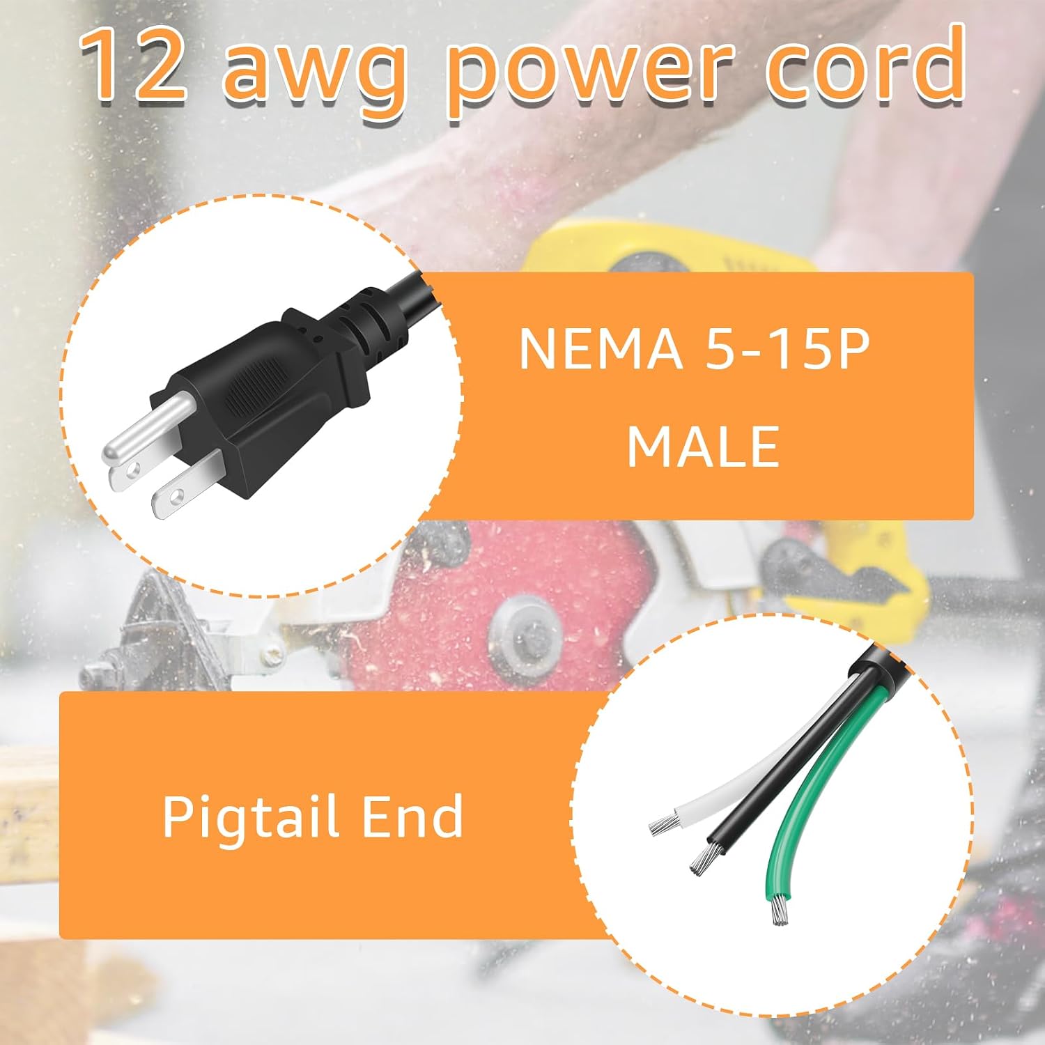 9.8ft 12 Gauge 3 Prong Heavy Duty Replacement Power Supply Cord Cable 110V 115V 120V Pigtail, for Power Tools, Appliances, 12 AWG 3 Conductor Wire Cable Black