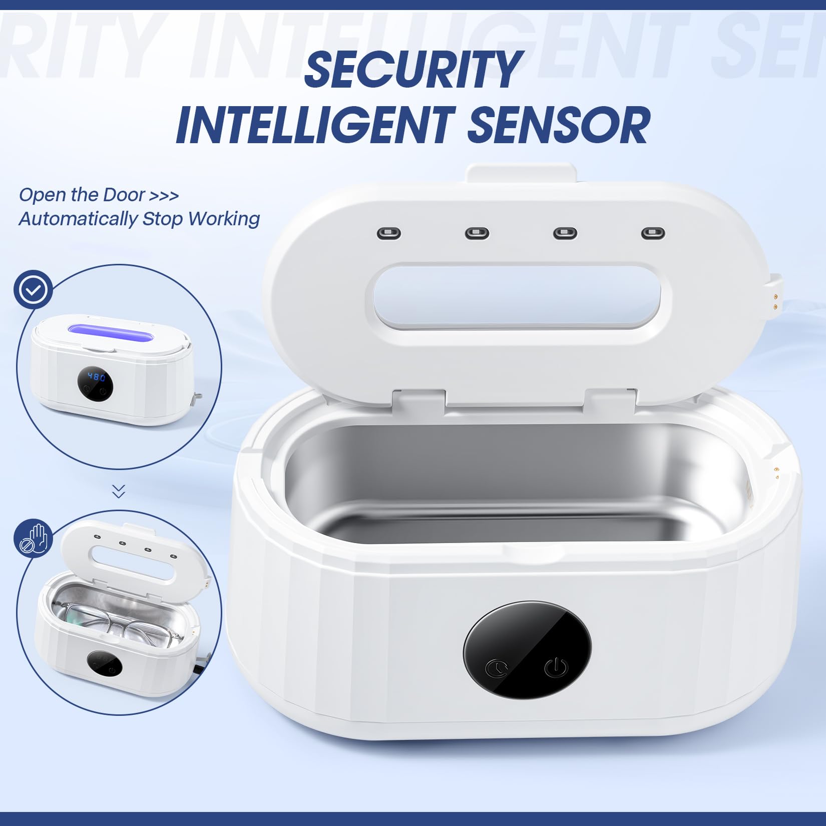 Limpiador ultrasónico de joyas, máquina limpiadora ultrasónica de 49 Khz para dentaduras postizas, lentes, correa de reloj, aparatos ortopédicos, anillos, joyas, 5 modos de limpieza con luz azul y