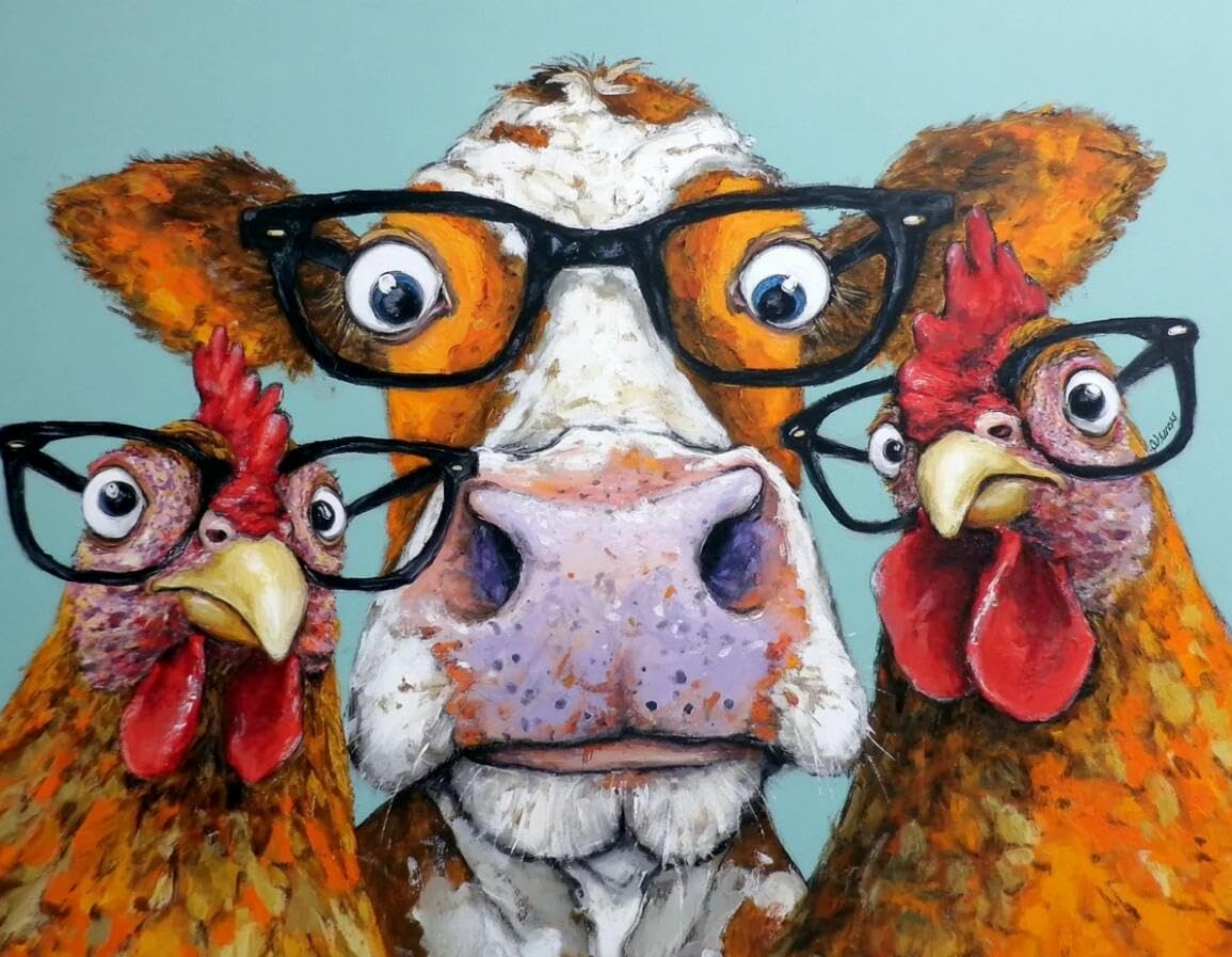 Henypt DIY Bead Embroidery Kit 9Ct Cow and Chicken –Cross Stitch with Beads On Pre-Printed Fabric, Embroidery Set with Needle & Beads, Craft Kit for Adults & Beginners (No Frame)