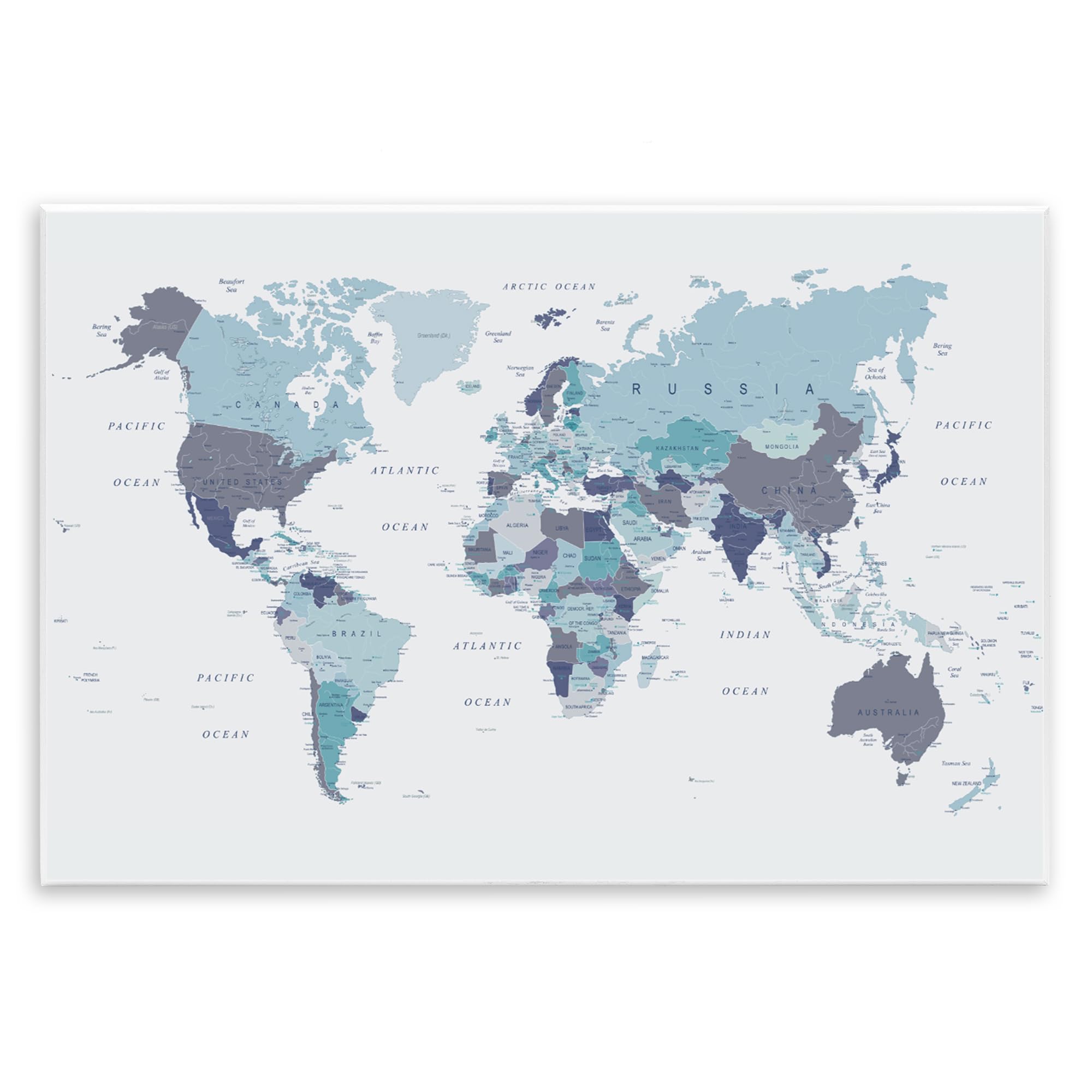 Stupell Industries Carte du monde avec étiquettes Régions bleues monochromatiques, conçue par Urban Epiphanie Plaque murale 13 x 19 cm
