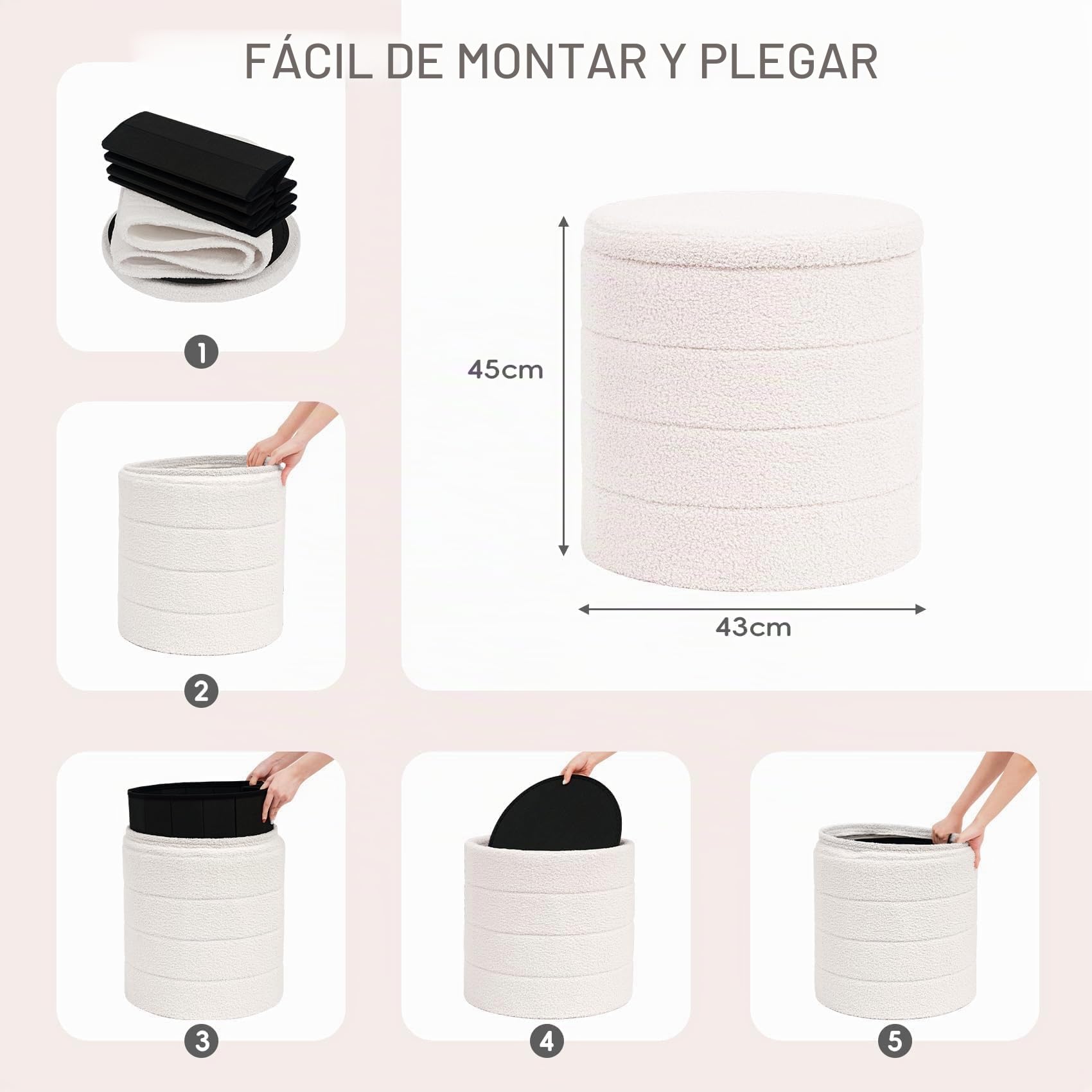 PINPLUS Puff con Almacenaje, Redondo Taburete Baúl Plegable con Tapa Reversible, 43x43x45 cm para Salón, Dormitorio y Pasillo, Blanco