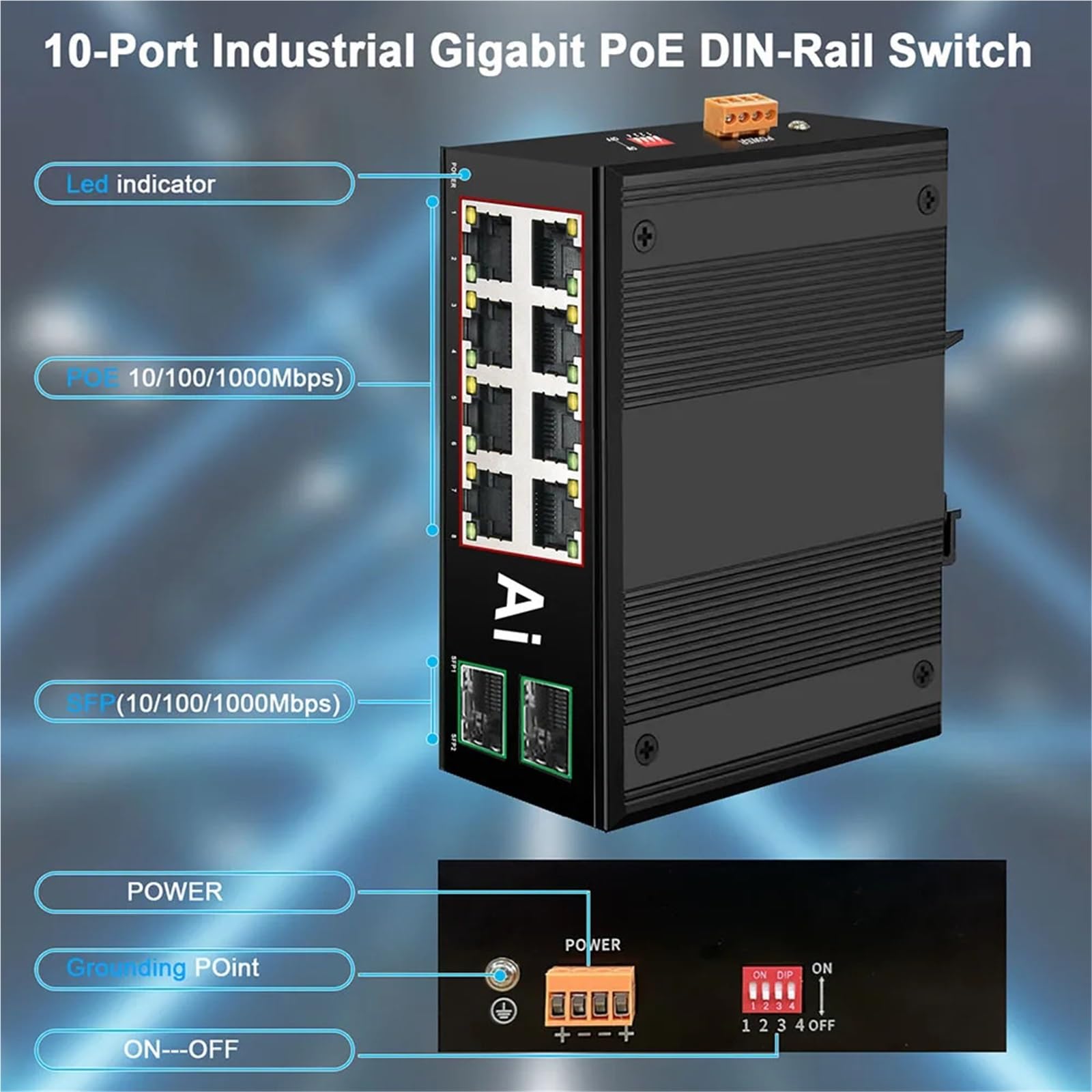 Commutateur Ethernet industriel Gigabit PoE Réseau rapide 10 ports 10/100/1000Base-T DIN IP40 Commutateur réseau extérieur (8-POE 2RJ45)