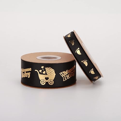 Miniatura 7 de 2 rollos en total de 20 yardas de cinta de bienvenida para bebé, cintas negras y doradas con estampado de pies para manualidades, pasteles, baby