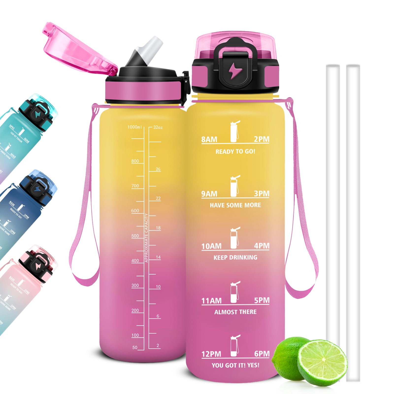 Mujigaga 1 Litre Water Bottle, Sports Water Bottle with Straw and Drinking Times, Motivational Gym Bottle, Leak Proof Water Bottles for Gym, School, Yoga