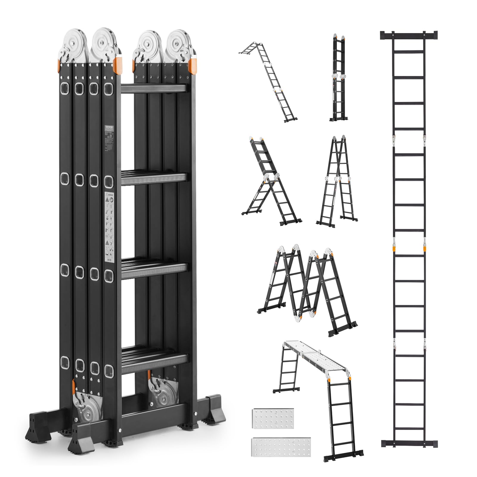 VEVOR Multi-Purpose Folding Ladder, 7-in-1 Tall Extension Step Ladder, A Frame 4 Step with Scaffolding Plank Telescoping Ladder, 15.5ft Reach Height Heavy Duty, 330 lbs Capacity for Home Outdoor