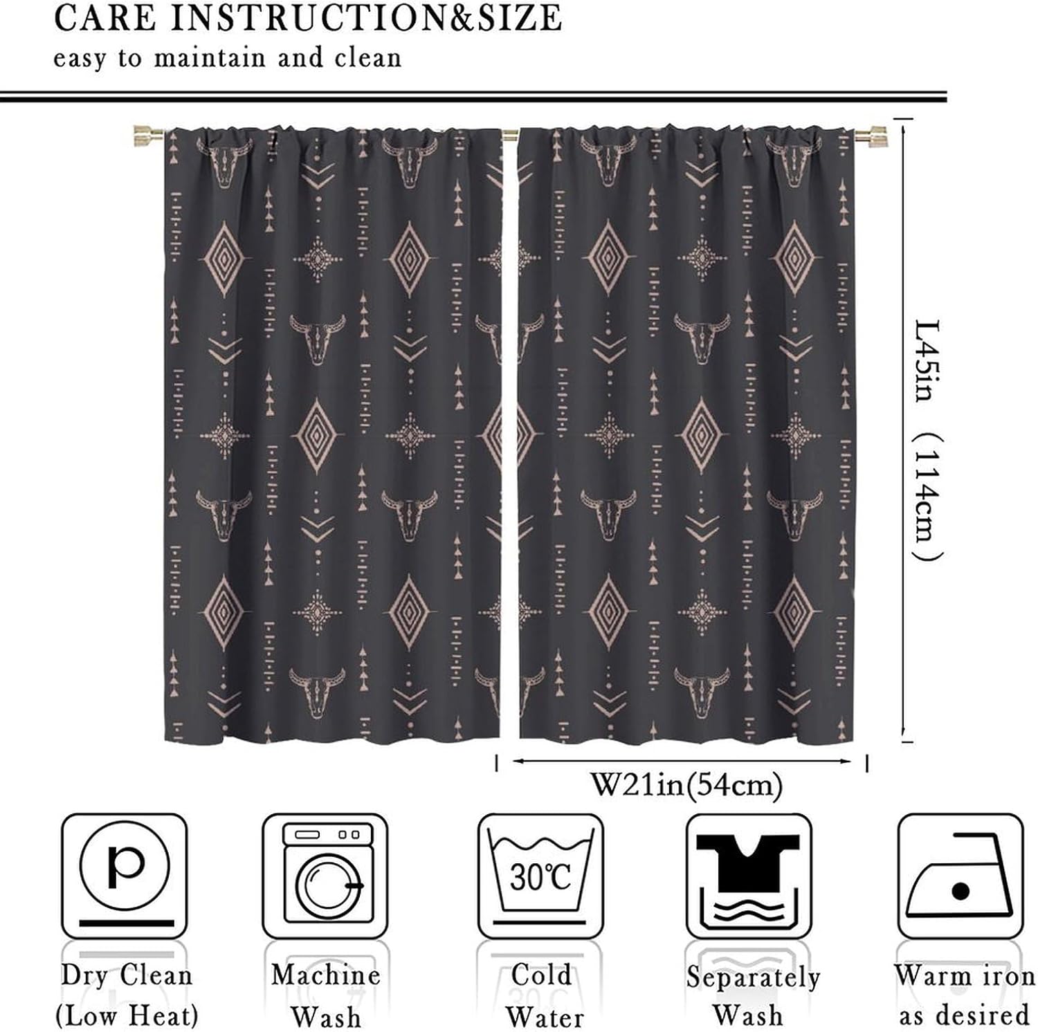 Tribal Aztec Western Bohemian Blackout Window Curtains, Bull Skull Boho Aesthetic Aztec Art Print Rod Pocket Window Drape, for Living Room Bedroom 21(W)*45(L) 2 Panels