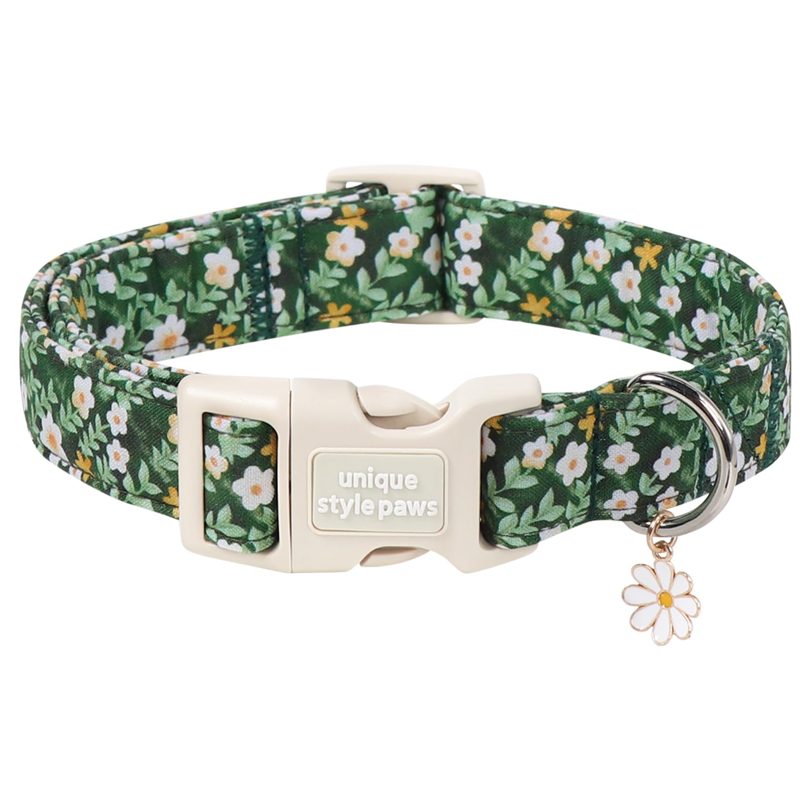 Unique style paws Floral Dog Collar, Spring Summer Adjustable Cotton Dog Collar with Daisy Charm, Quick Release Buckle, Strong Metal D Ring, Green Flower Dog Collar for Small Medium Large Dogs