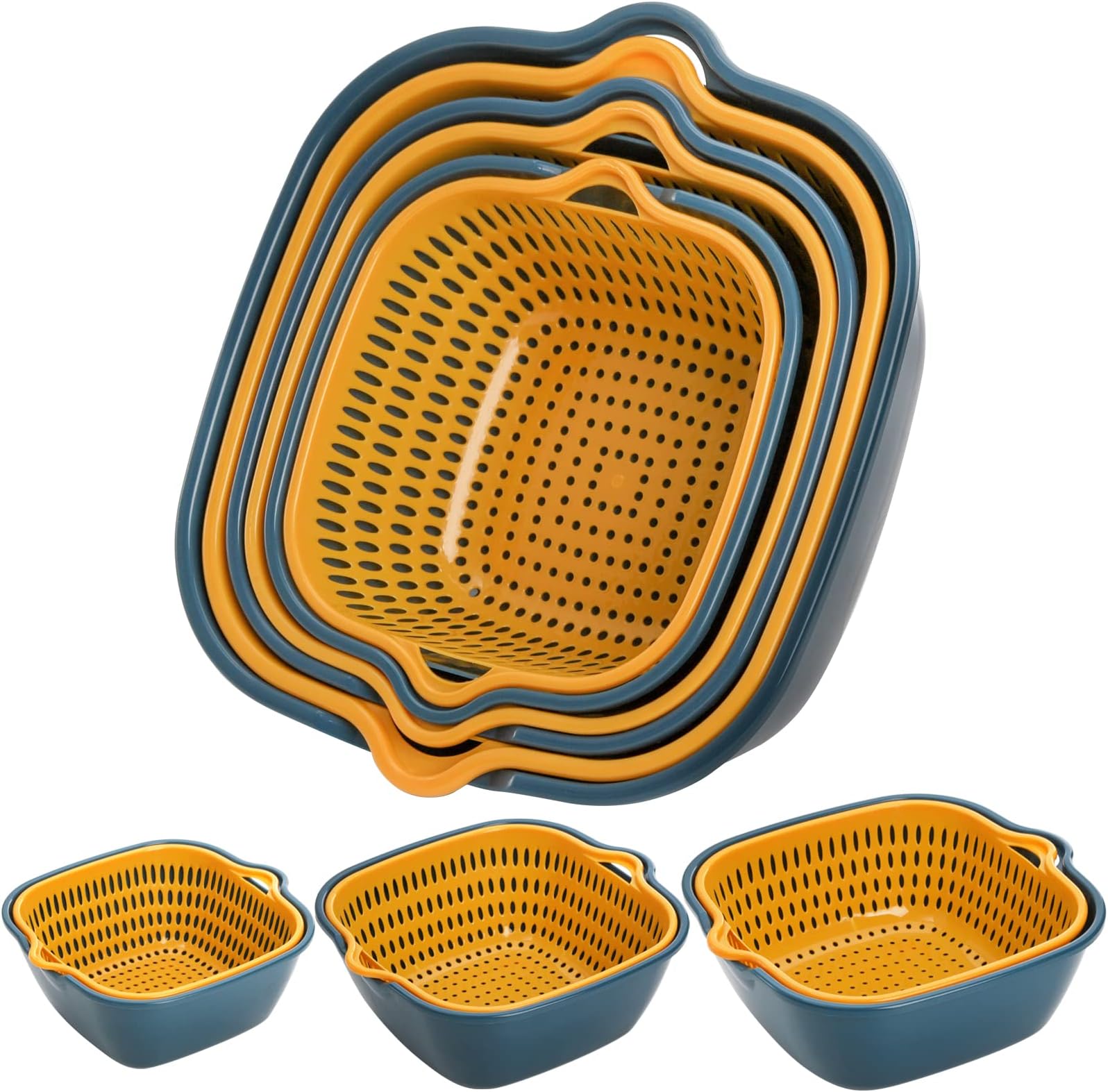 SOUJOY 6 Pack Vegetable Washing Basket, 2-in-1 Drain Colander Bowl Set, Kitchen Fruit Washing Bowl and Strainer, Drain Basin and Basket for Food Vegetables Cleaning