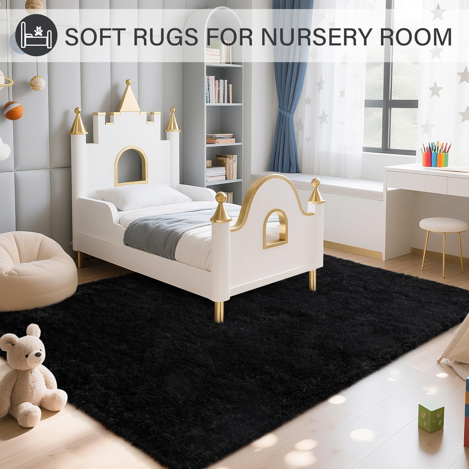 BENRON Alfombra negra de 4 x 6 pies, alfombra moderna y esponjosa para sala de estar, antideslizante, para habitación de niños, guardería, cocina, decoración del hogar