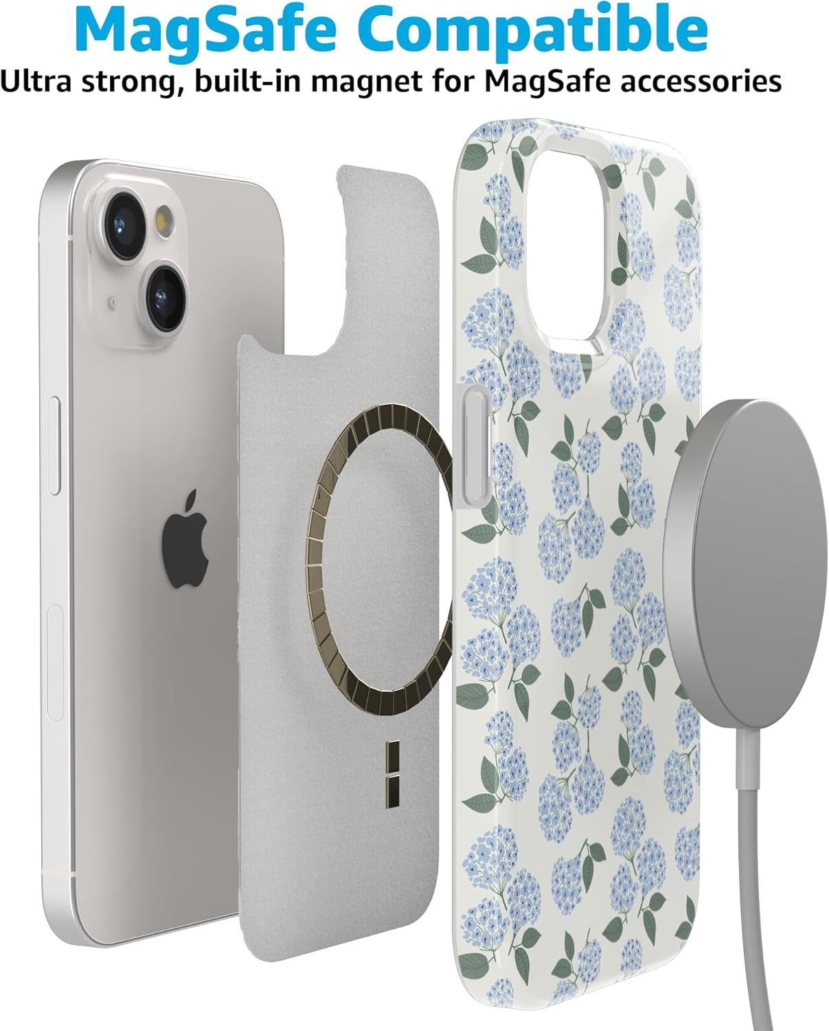 Casely iPhone 15 Case | Nantucket Cottage | Blue Hydrangea | Compatible with MagSafe | Classic Ultra Slim Design