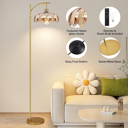 Miniatura 10 de Lámpara de pie bohemia para sala de estar, dormitorio con control remoto, lámparas de pie de granja de arco con 3 temperaturas de color, lámpara de