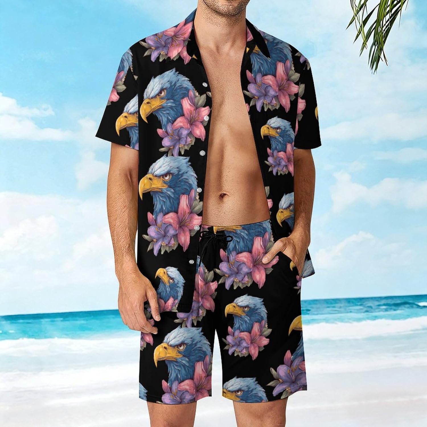 Angry Eagle1 Lily Flower Men's Summer Beach 2 Piece Outfits | hawaiian button down shirt and shorts,vacation cruise,mens bathing suit