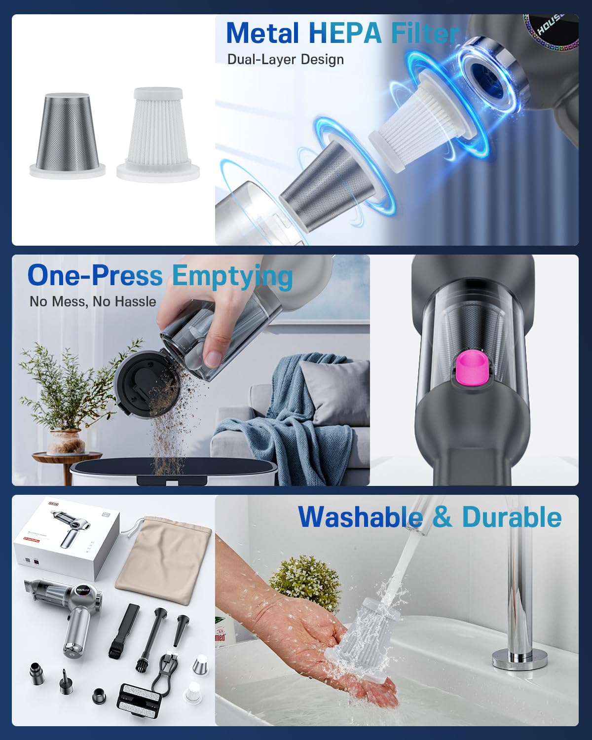 houscly Aspirapolvere portatile senza fili 25000Pa Aspirapolvere piccolo ad alta potenza 4 in 1 Aspirapolvere ad aria compressa Pompa per aspirapolvere portatile per casa ufficio Accessori per auto
