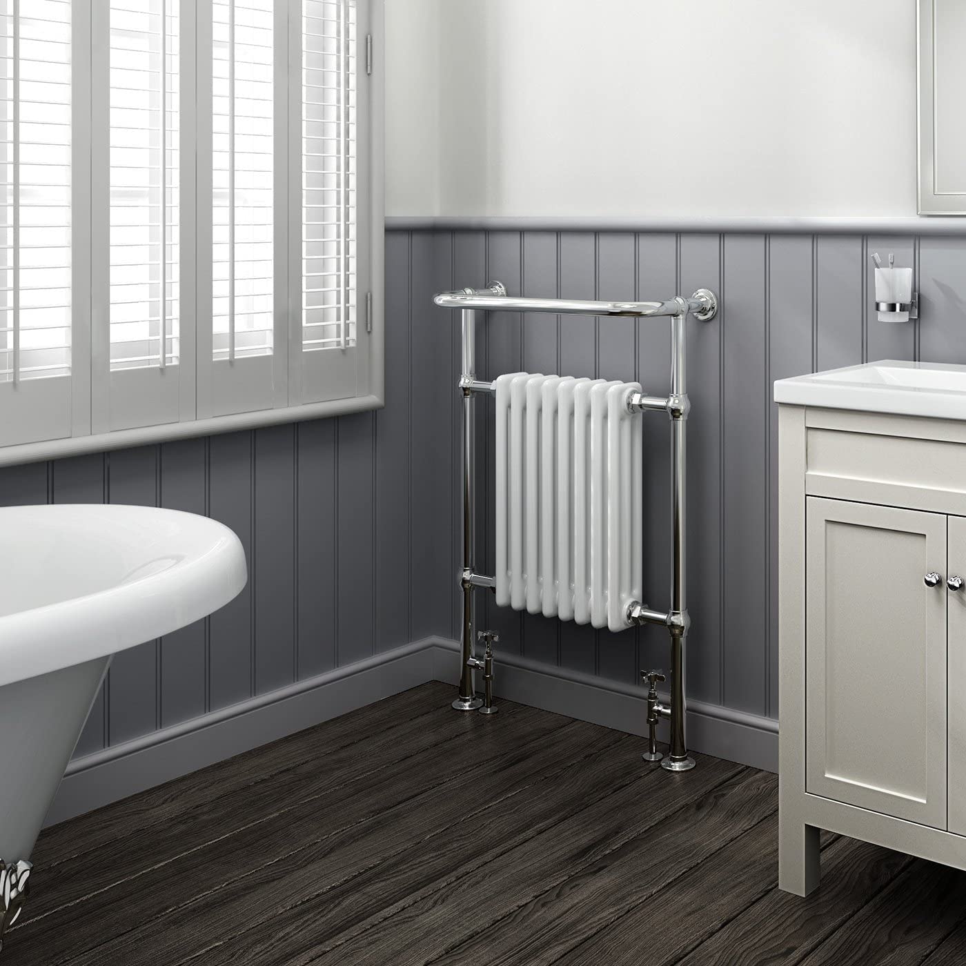 Ibathuk White | 8 Column Traditional Heated Towel Rail Bathroom Radiator + Valves