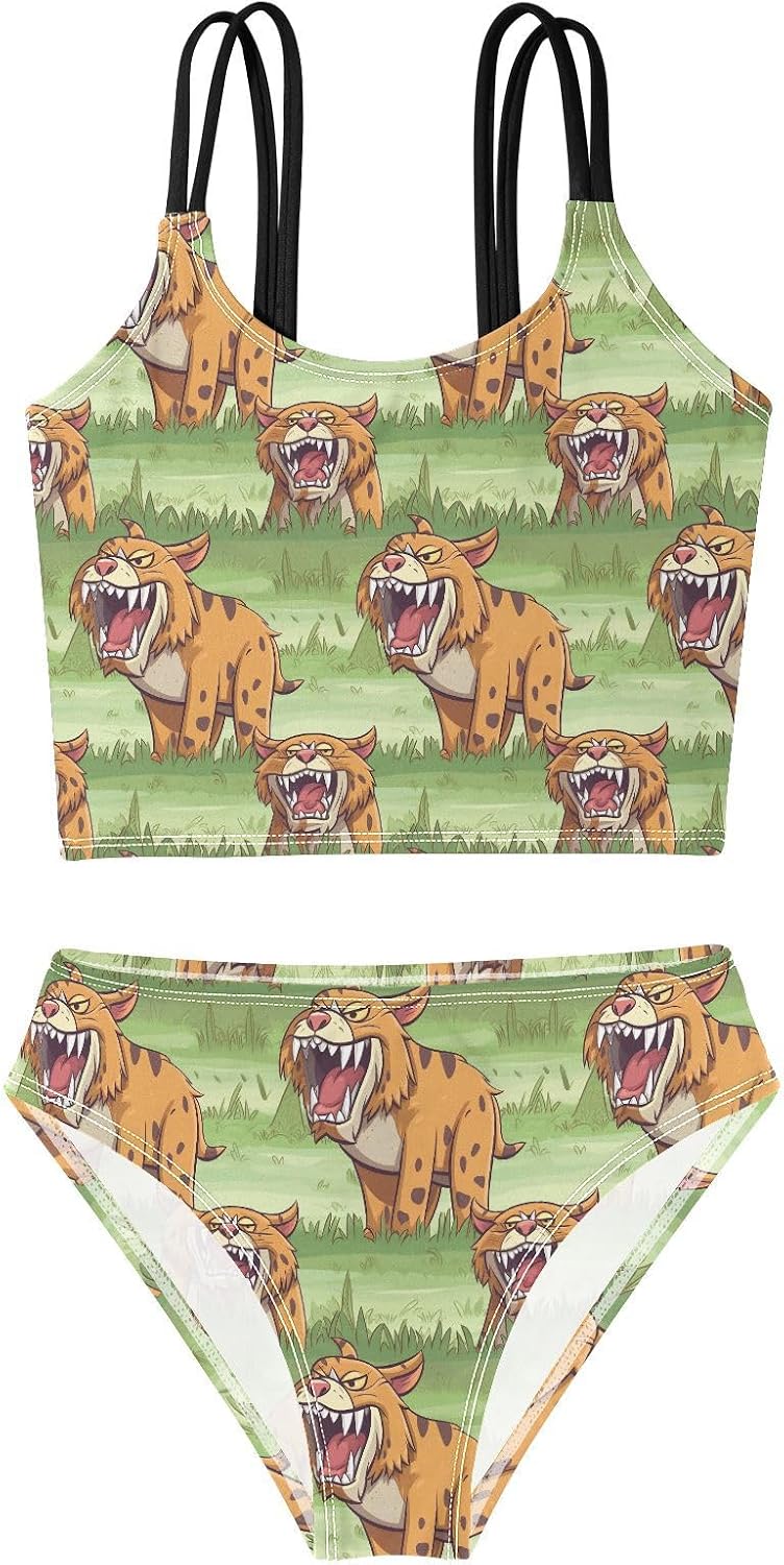 visesunny Girls Two Piece Swimsuits Fierce Ancient Tiger Girl's Bikini Sets Bathing Suits for Girls Size 5-12Y