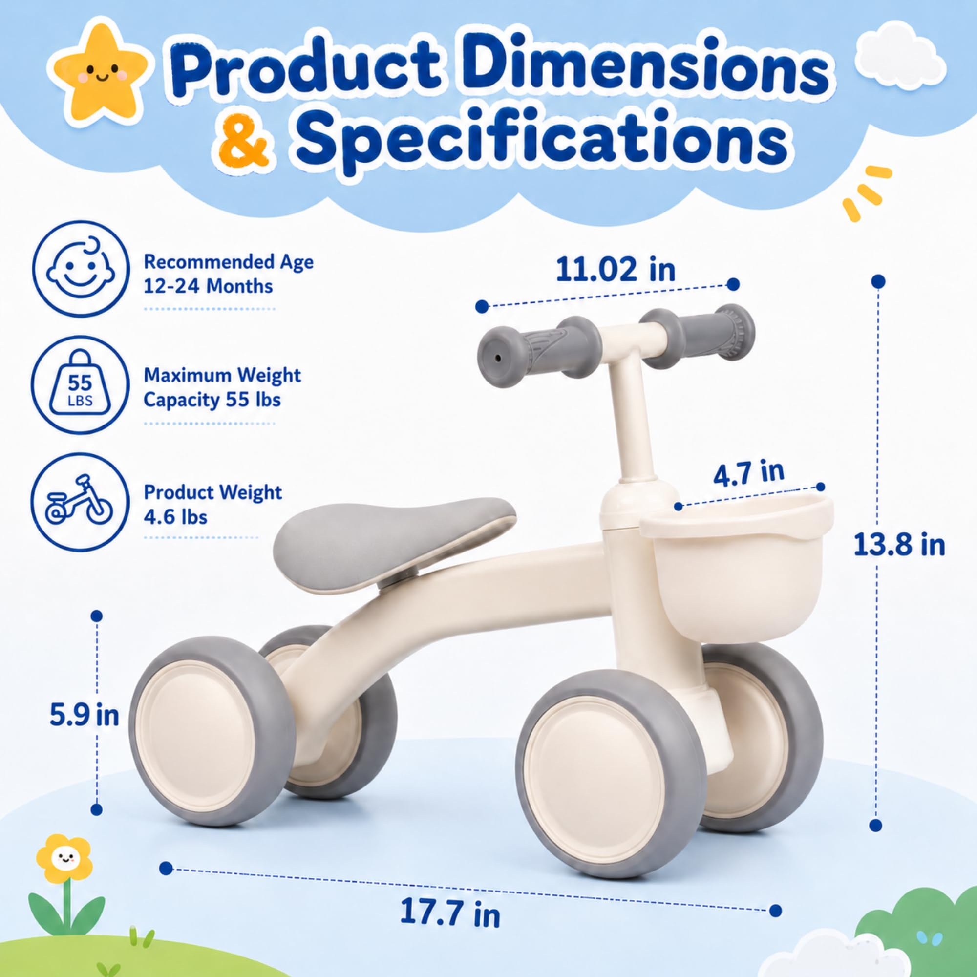 Garvee Draisienne Bébé 1 an 4 Roues, Vélo sans Pédales avec Panier, Blanc, Jouet Enfant pour 12-24 Mois