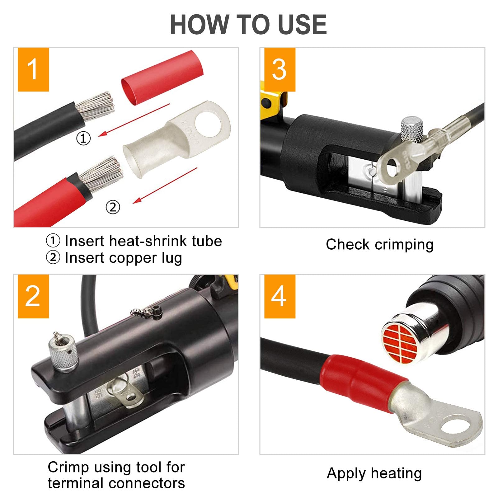 SVAAR Kit de aletas de cobre estañado calibre 0 0 AWG terminales de cable de batería 1/0 AWG 3/8" y 1/0 AWG 5/16" terminales de anillo, 8 terminales de cable calibre 0 + 8 termorretráctiles 3:1 + 2