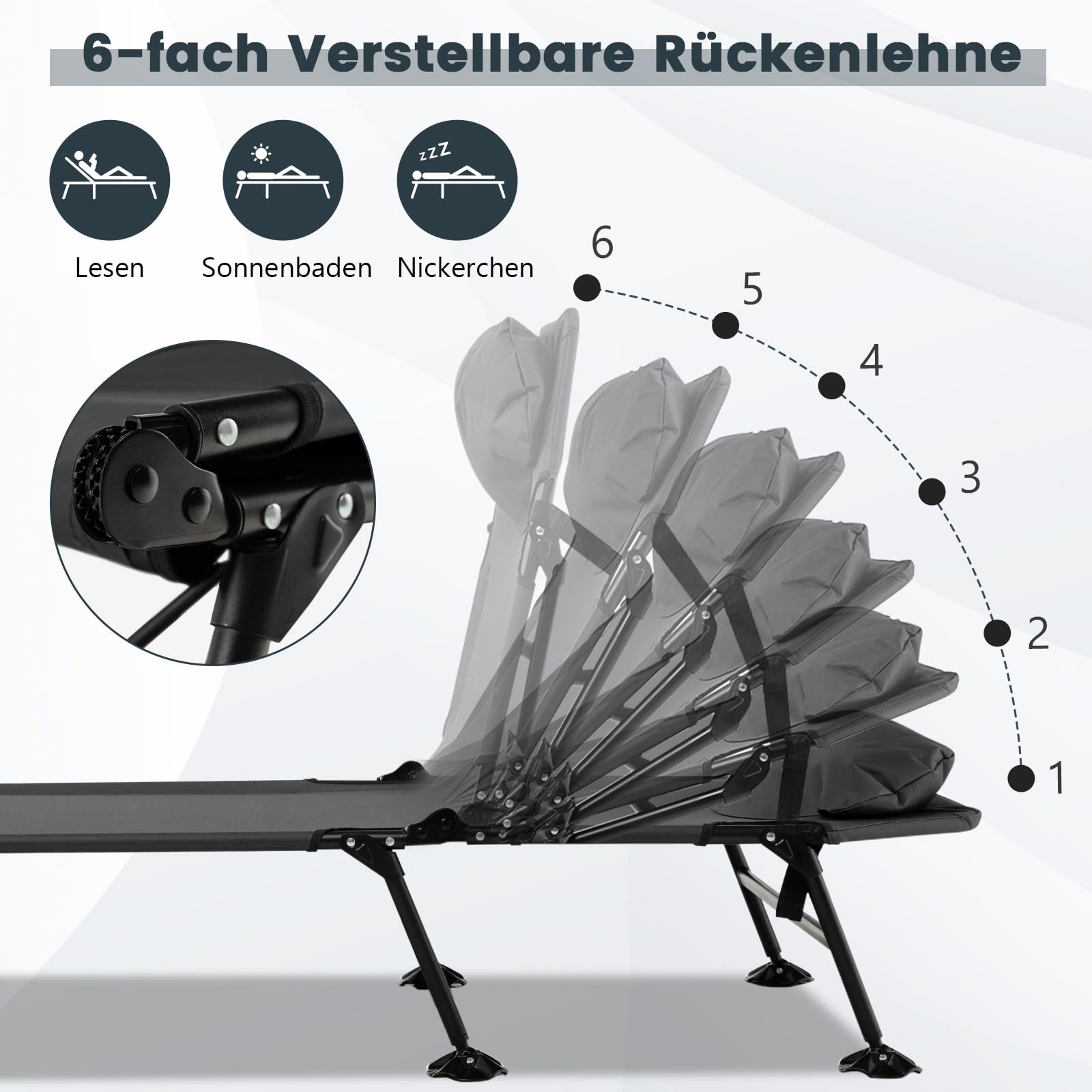 GYMAX Campingbett klappbar, Feldbett 194 x 66 x 29 cm, Gästebett mit Abnehmbarer Matratze & 6-Fach Verstellbarer Rückenlehne, Angelliege tragbar, Campingliege mit 6 Beinen