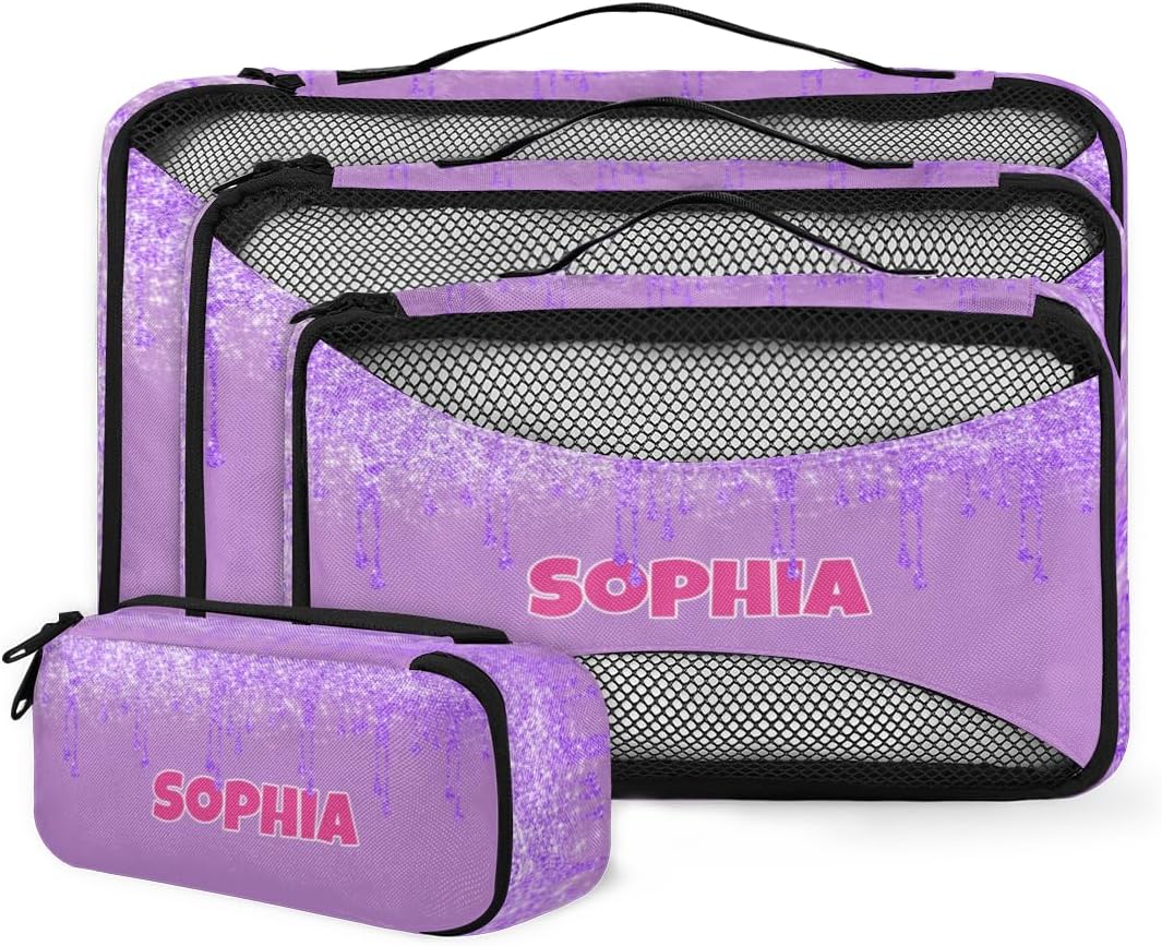 Personalized Name 4 Set Packing Cubes Luggage Packing Organizers Travel Accessories for Women Girls, Lavender Purple Curtain Glittering