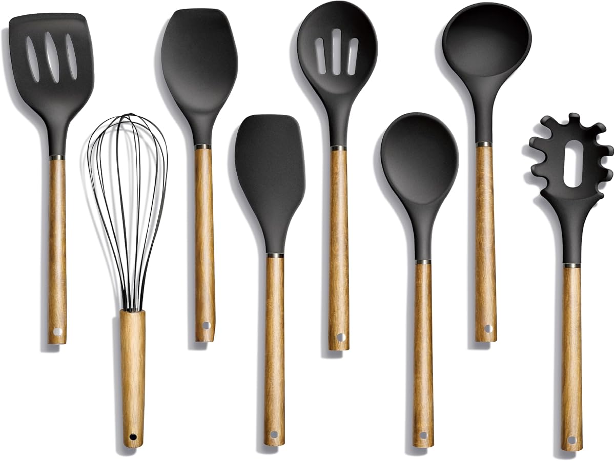 Juego de utensilios de silicona antiadherente con mangos de madera redondeados para cocinar y hornear, juego de 8 piezas, negro