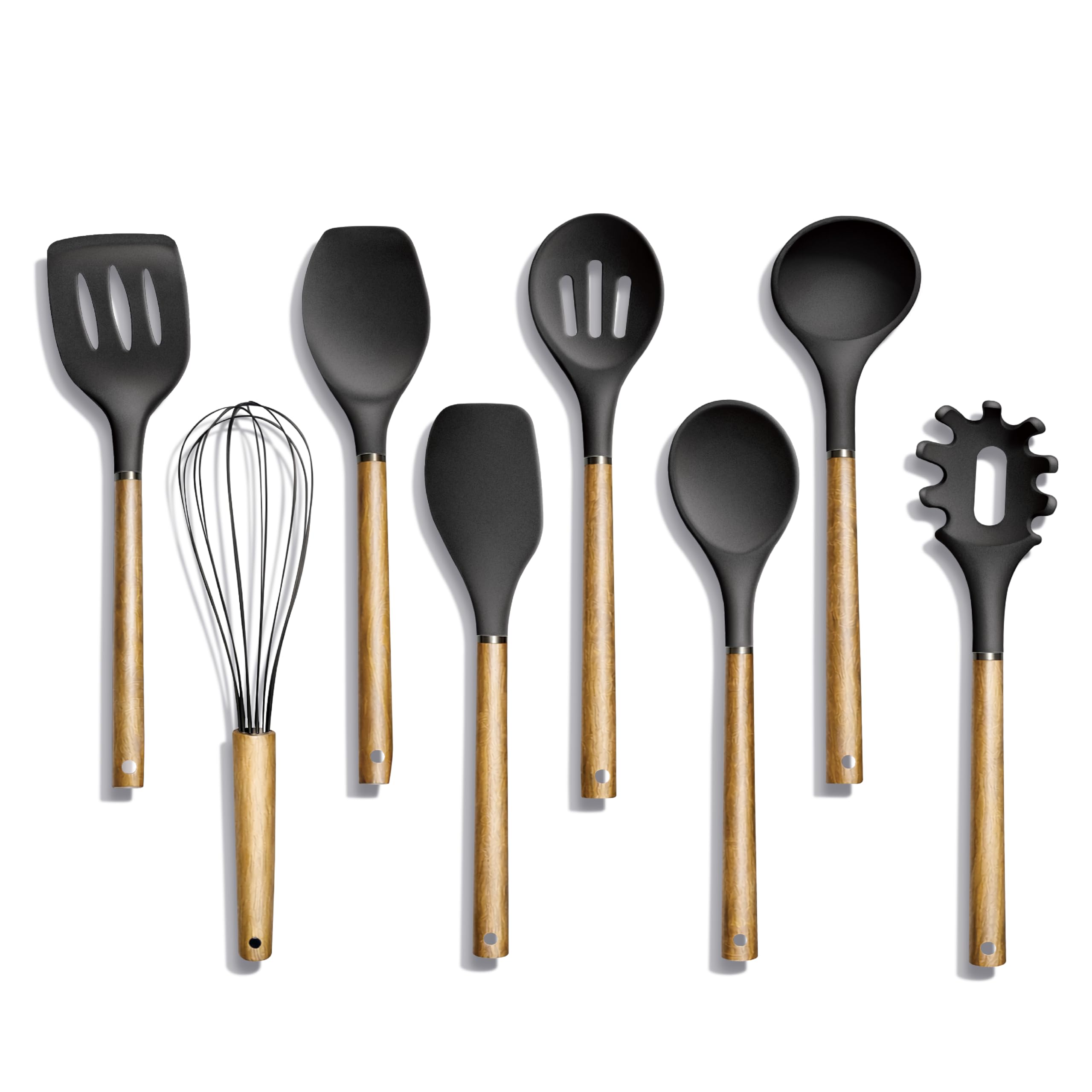 Country Kitchen Juego de 8 utensilios de cocina de silicona y madera, fáciles de limpiar, para utensilios antiadherentes y antirayones, perfecto para regalos