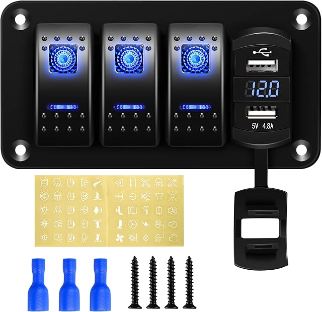 Rupse 12v Switch Panel ON/OFF Toggle Switch Panel, IP65 Waterproof 12V/24V Dual USB Charger Port 4.8A with Digital Voltmeter Display for Car Truck Boat Trailer RV UTV ATV Yacht Trailer (3 Gang)