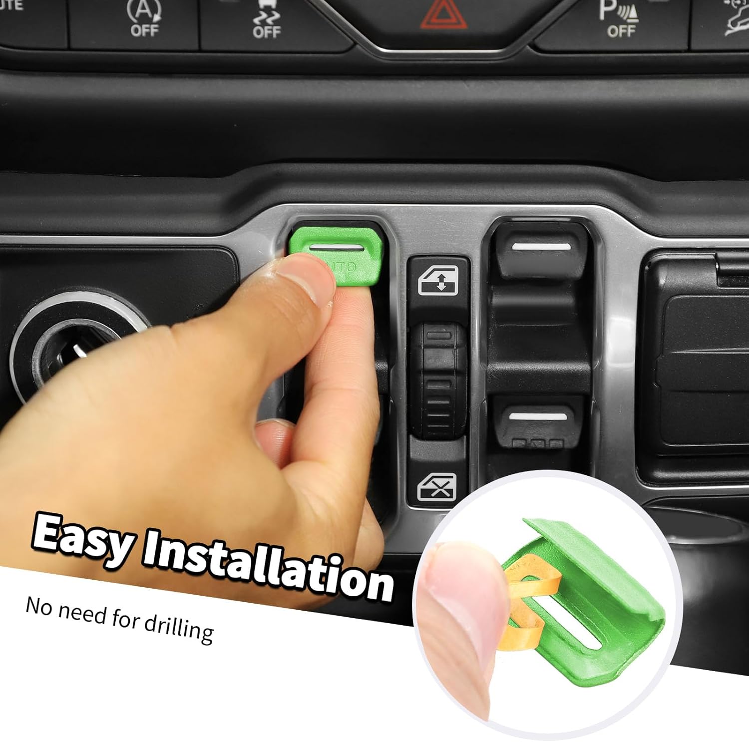 Jimen Fit for Jeep Wrangler JL JLU 2018-2025 & Gladiator JT 2020-2025, 8PCS Window Button Trim & Audio Volume Radio Knob AC Control Ring Air Conditioning Knob & Headlight Switch Knob Cover (Green)