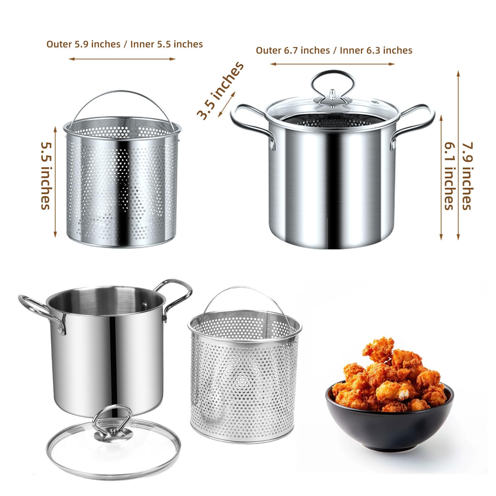 Small Deep Fryer Pot with Basket, 3-Quart Mini Fryer for Small Batches Soup Pot and Lid for 1 to 3 People, Works on Gas Stovetop or Induction Cooktop, Dishwasher Safe