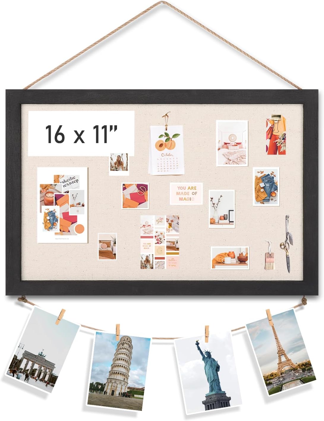 EmfogoCork Board Vision Board, 16 "x11 White Linen Cork Boards for Walls with Black Frame, Pin Board Bulletin Board for Home Kitchen School Office Decor (Vintage Black)