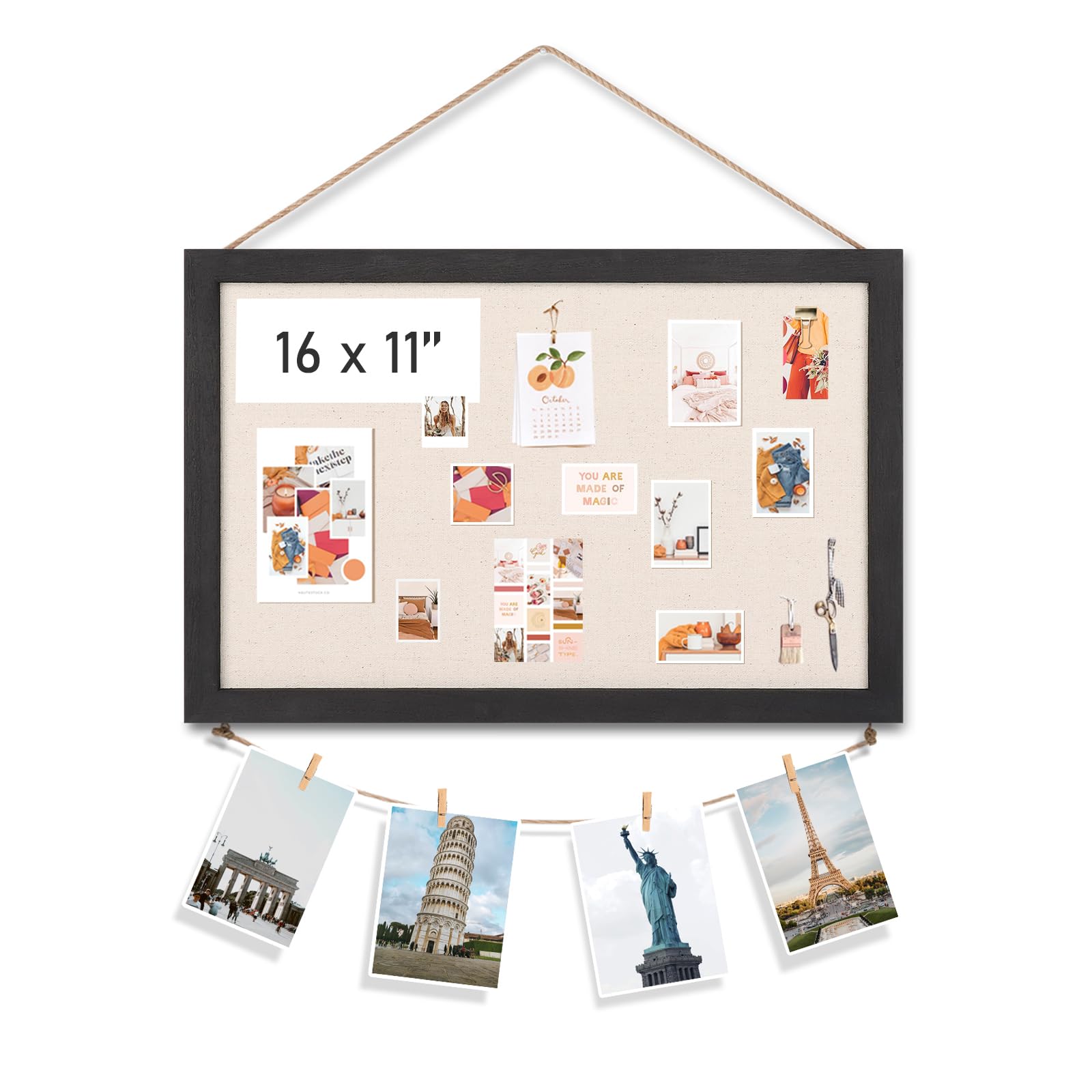 EmfogoCork Board Vision Board, 16 "x11 White Linen Cork Boards for Walls with Black Frame, Pin Board Bulletin Board for Home Kitchen School Office Decor (Vintage Black)