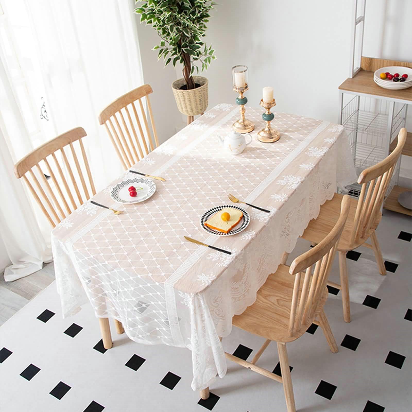 Tovaglie Salotto 140 x 260cm, Tovaglia Antimacchia in Poliestere Bianco Pizzo Geometrico Fiori Ricamo Tovaglia Rettangolare