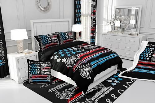 Miniatura 6 de jejeloiu Lacrosse - Alfombra decorativa de 5 x 7 pies para niños, diseño de bandera americana, temática deportiva, para mujeres y hombres, para