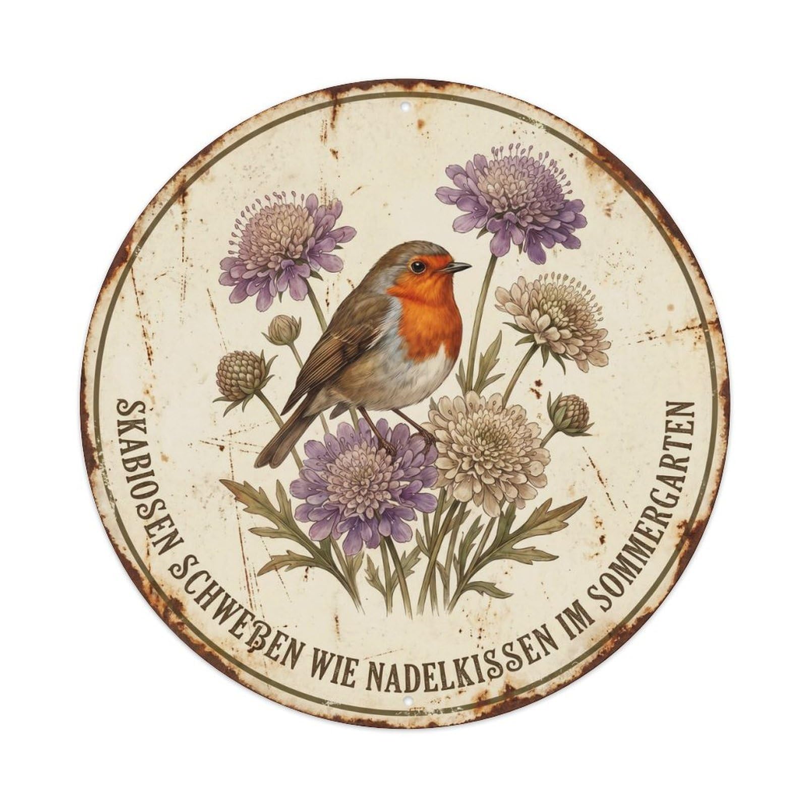 Robin Bird Garden Quote Scabiosa CircleMetal Tin Sign