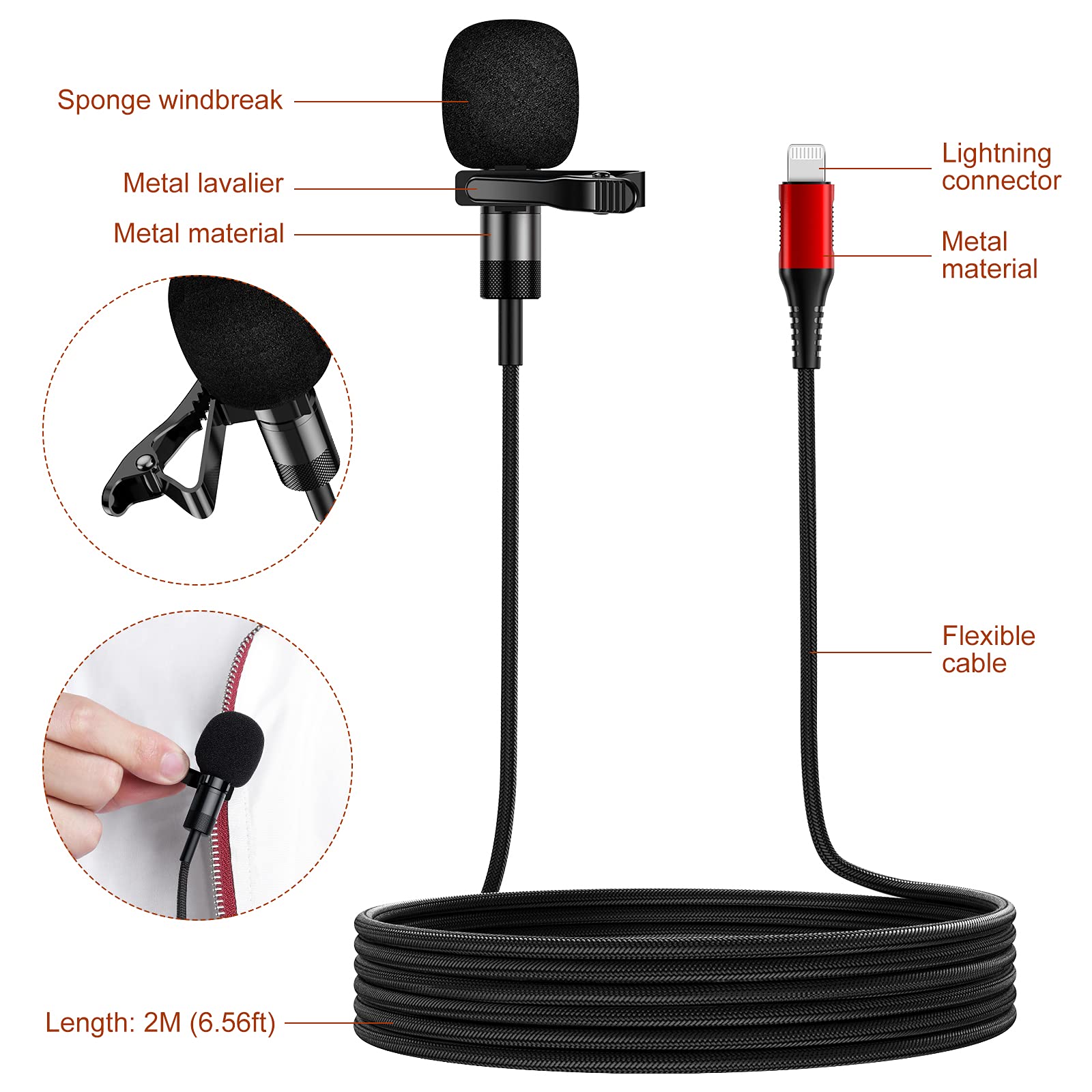 Micrófono de solapa Pixel MFi para iPhone / iPad, grabación omnidireccional y micrófono de solapa de sonido de alta fidelidad con cable de 2M, para YouTube grabación de video y vlog