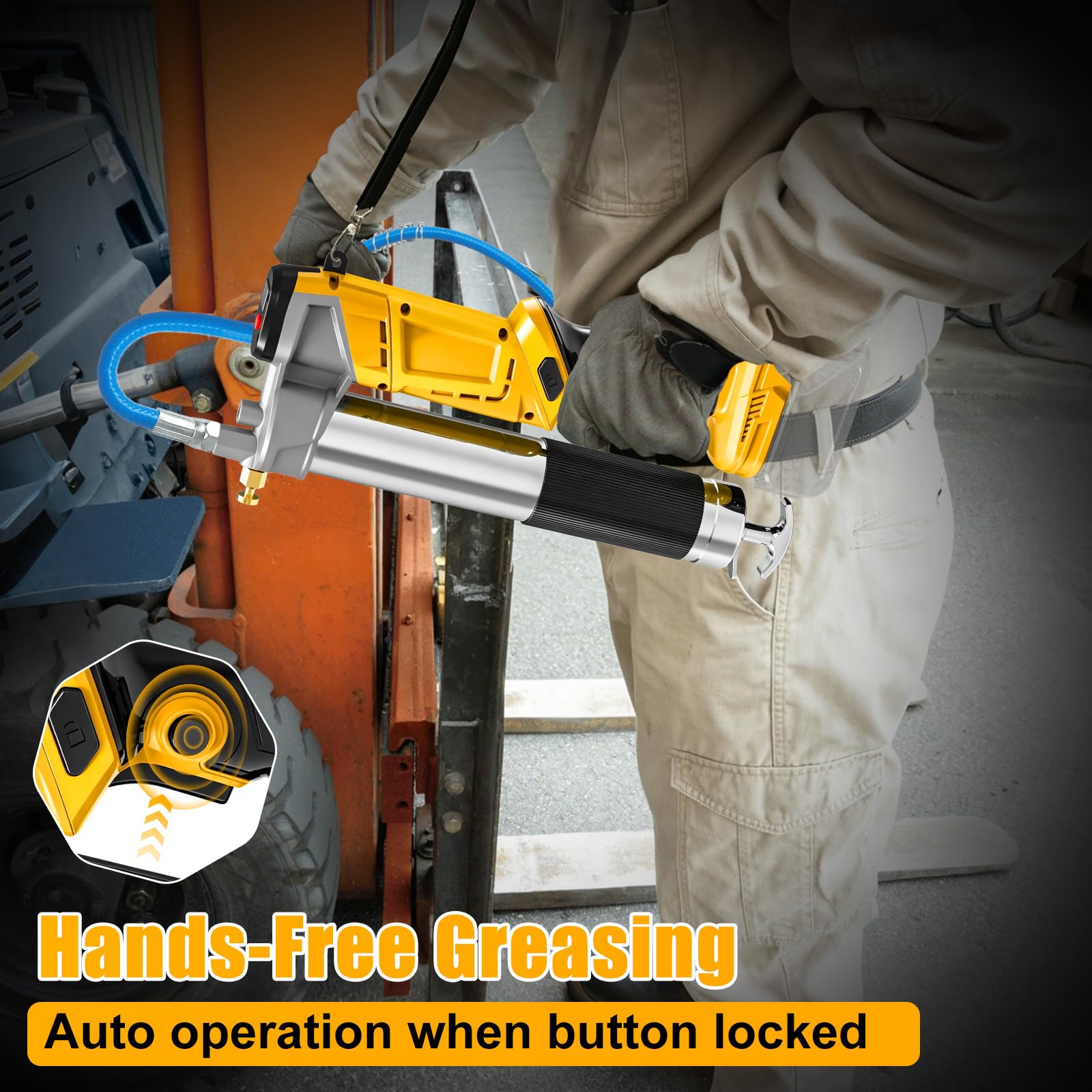 Pistola de engrase a batería compatible con batería Dewalt de 20 V, caudal de 160 g/min, 6000 – 13000 PSI de alta presión | Luz LED, diseño 2 en 1 (parado/tumbado), para coche, maquinaria