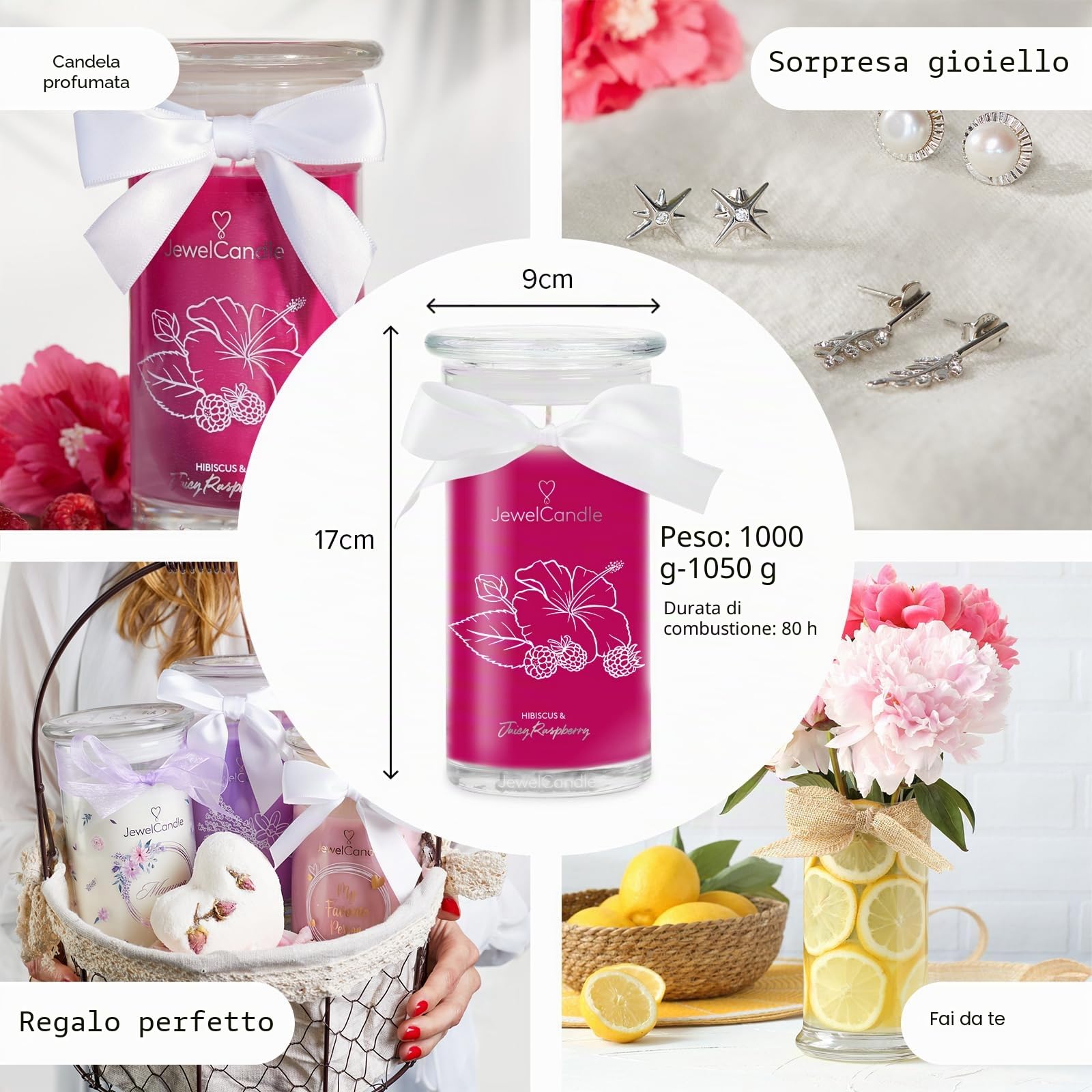 JuwelKerze Hibiscus & Juicy Raspberry orecchini argento – candela gioielli 80 ore – grande candela profumata con profumo fruttato – candela rosa con sorpresa gioielli – regalo per donne, compleanno