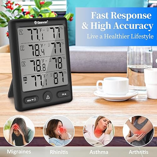 Miniatura 4 de Geevon Termómetro inalámbrico para interiores y exteriores con 3 sensores remotos, (negro)