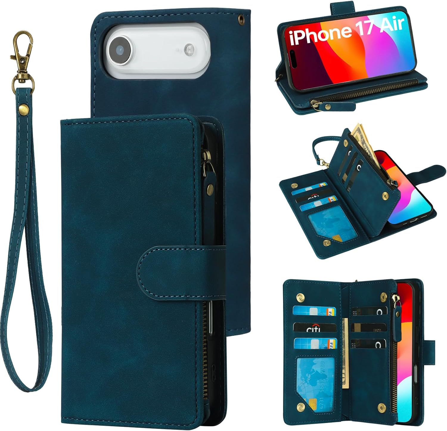 RANYOK Wallet Case Compatible with iPhone 17 Air Case, with 6 Card Holder RFID Blocking, PU Leather Zipper Flip Wallet Pocket, Kickstand, Wrist Strap | Protective Phone Cover for 17 Air, Blue